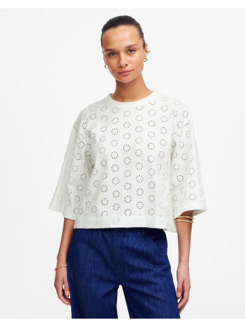 Madewell Embroidered Wide-Sleeve Boxy Tee WMNS L White Floral Crewneck Relaxed